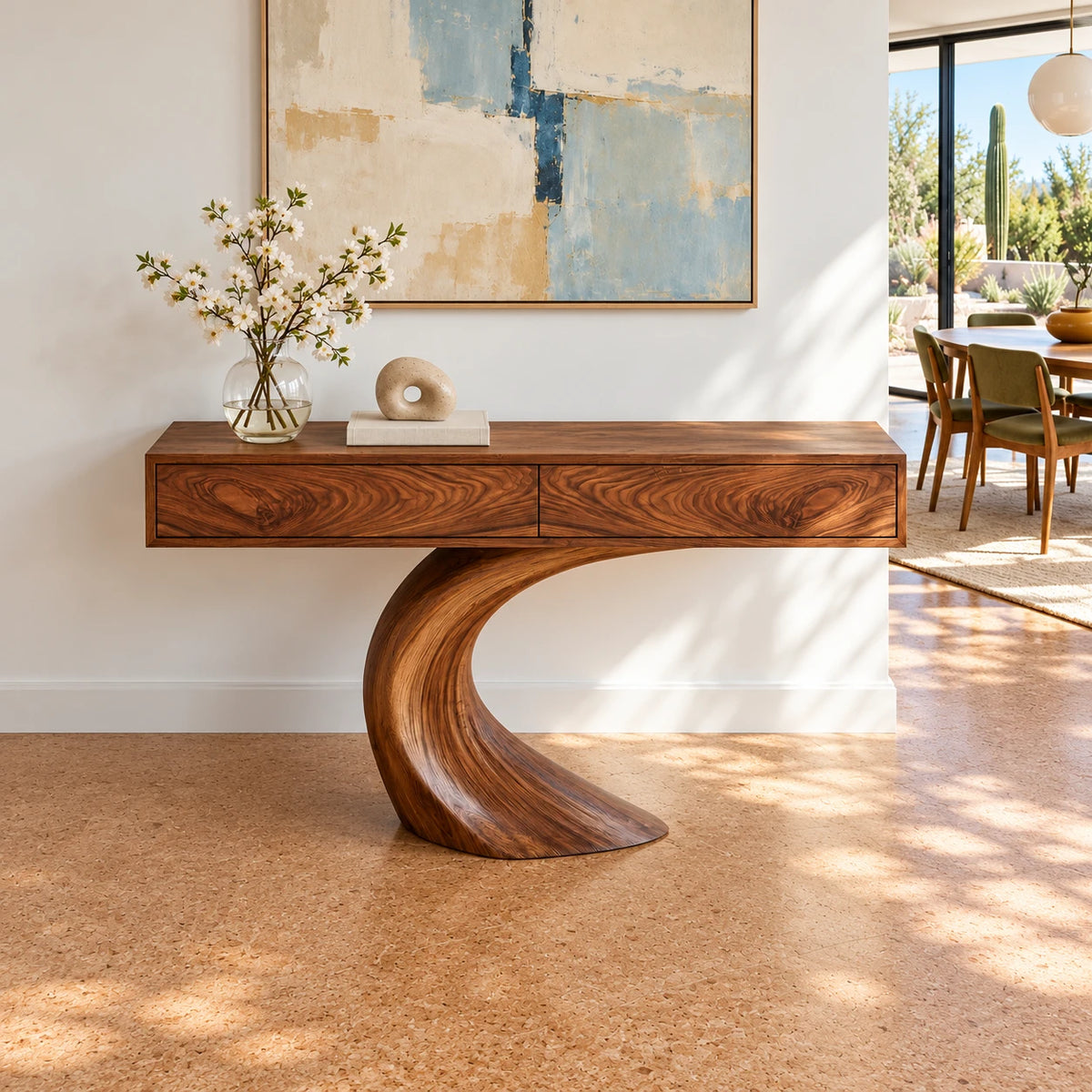 Wood Console Table with Two Drawers and Sculptural Curved Pedestal Base - Arboriswood - 5