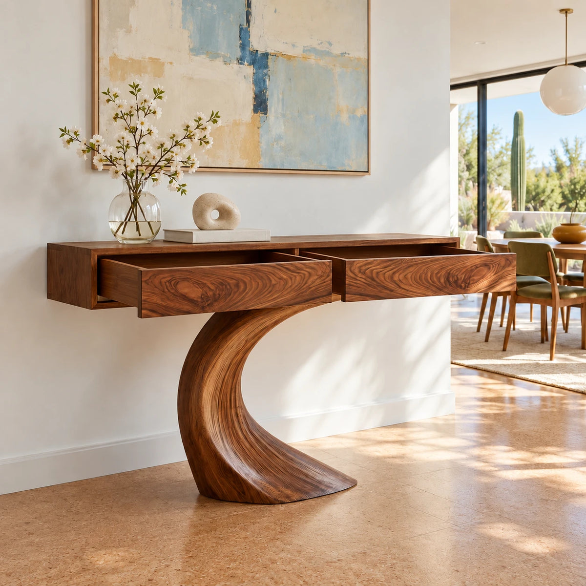 Wood Console Table with Two Drawers and Sculptural Curved Pedestal Base - Arboriswood - 7