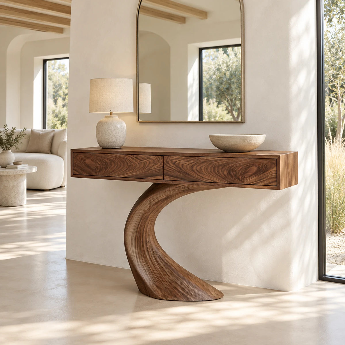 Wood Console Table with Two Drawers and Sculptural Curved Pedestal Base - Arboriswood - 9