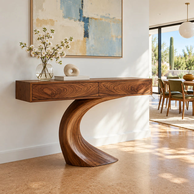 Wood Console Table with Two Drawers and Sculptural Curved Pedestal Base - Arboriswood