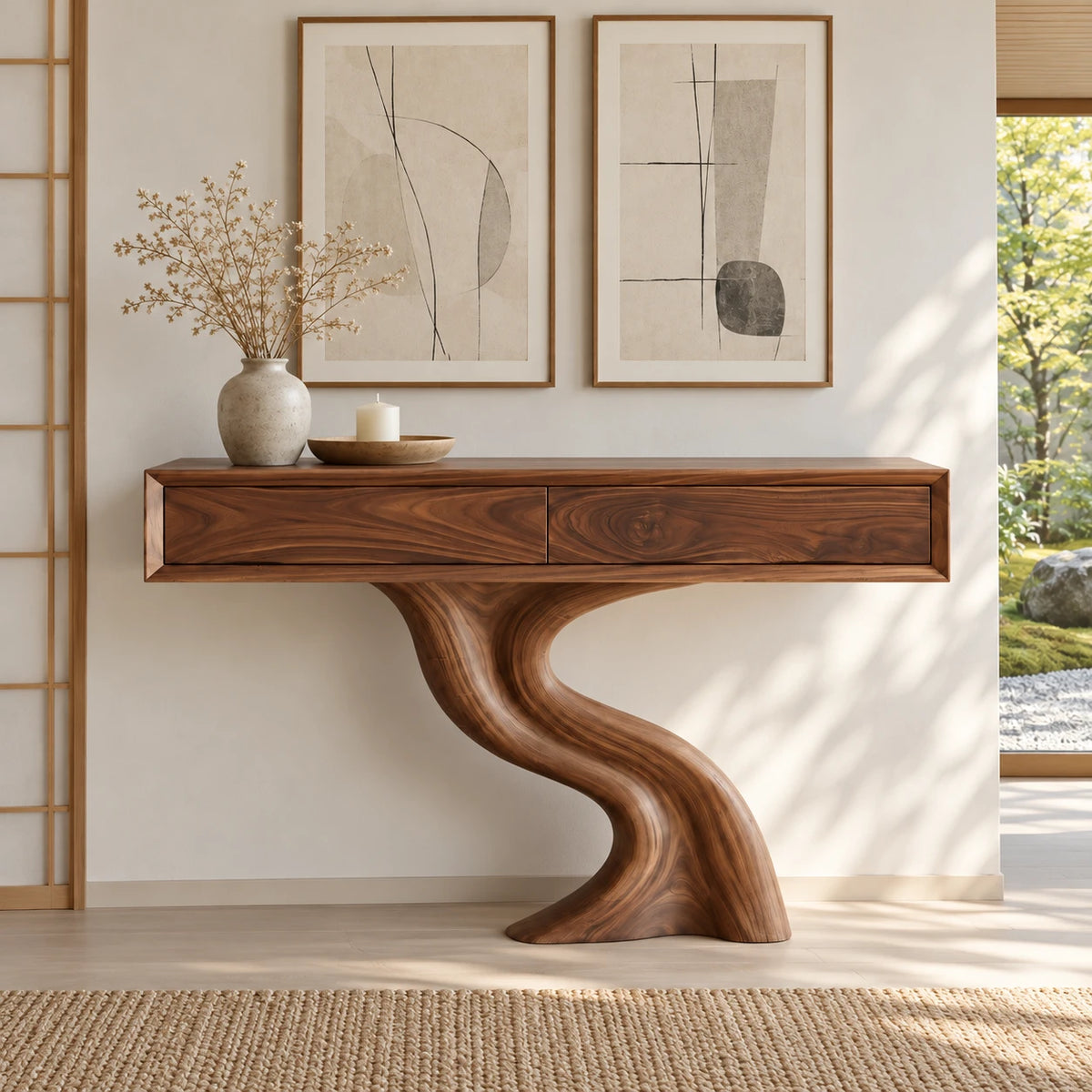 Wood Console Table with Two Drawers and Sculptural Solid Wood Pedestal Base - Arboriswood - 2