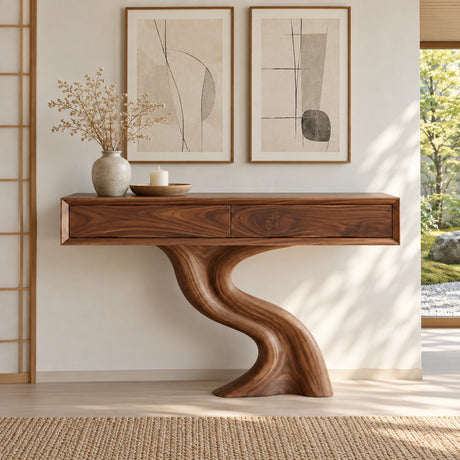 Wood Console Table with Two Drawers and Sculptural Solid Wood Pedestal Base - Arboriswood - 2