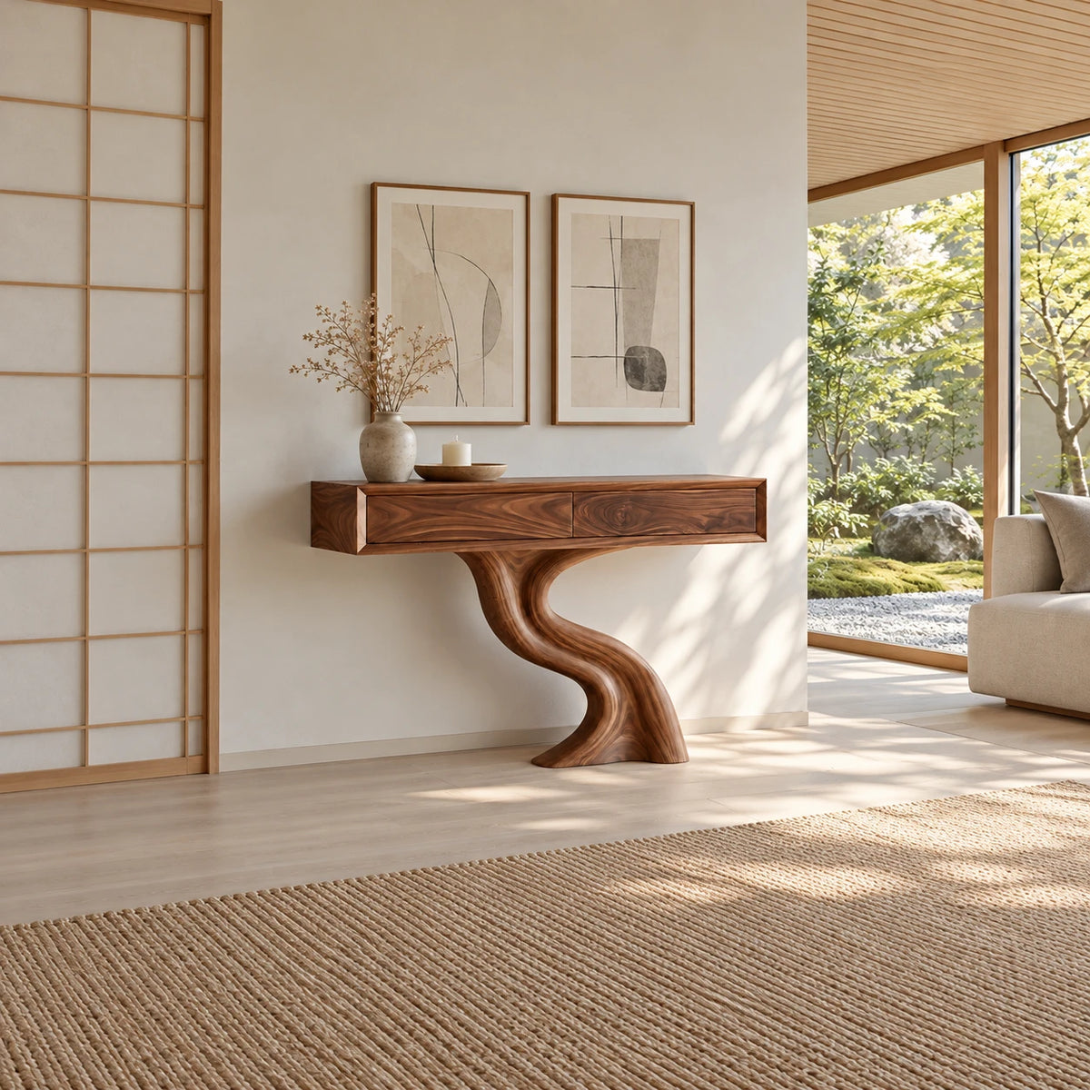 Wood Console Table with Two Drawers and Sculptural Solid Wood Pedestal Base - Arboriswood - 3