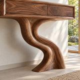Wood Console Table with Two Drawers and Sculptural Solid Wood Pedestal Base - Arboriswood - 4