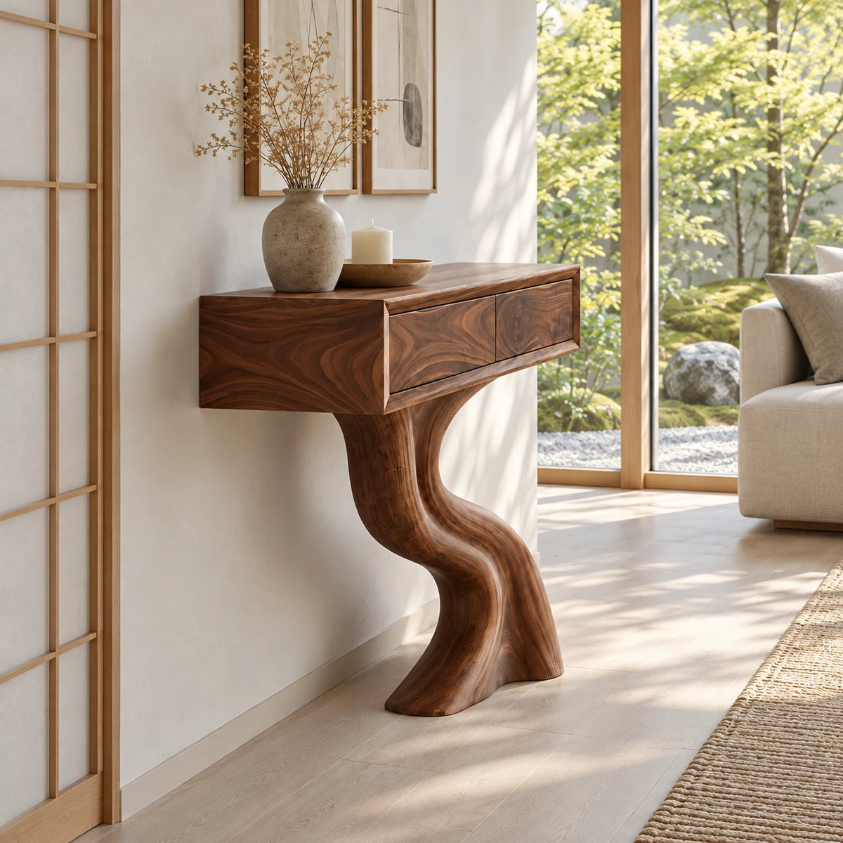 Wood Console Table with Two Drawers and Sculptural Solid Wood Pedestal Base - Arboriswood - 6