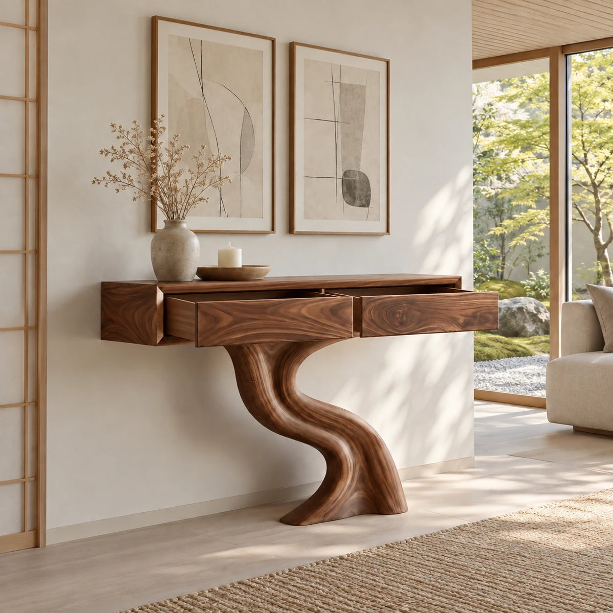 Wood Console Table with Two Drawers and Sculptural Solid Wood Pedestal Base - Arboriswood - 7