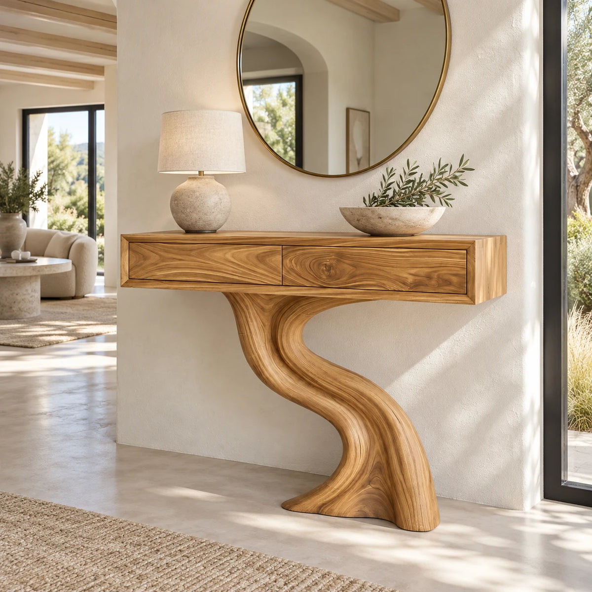 Wood Console Table with Two Drawers and Sculptural Solid Wood Pedestal Base - Arboriswood - 9