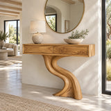 Wood Console Table with Two Drawers and Sculptural Solid Wood Pedestal Base - Arboriswood - 9