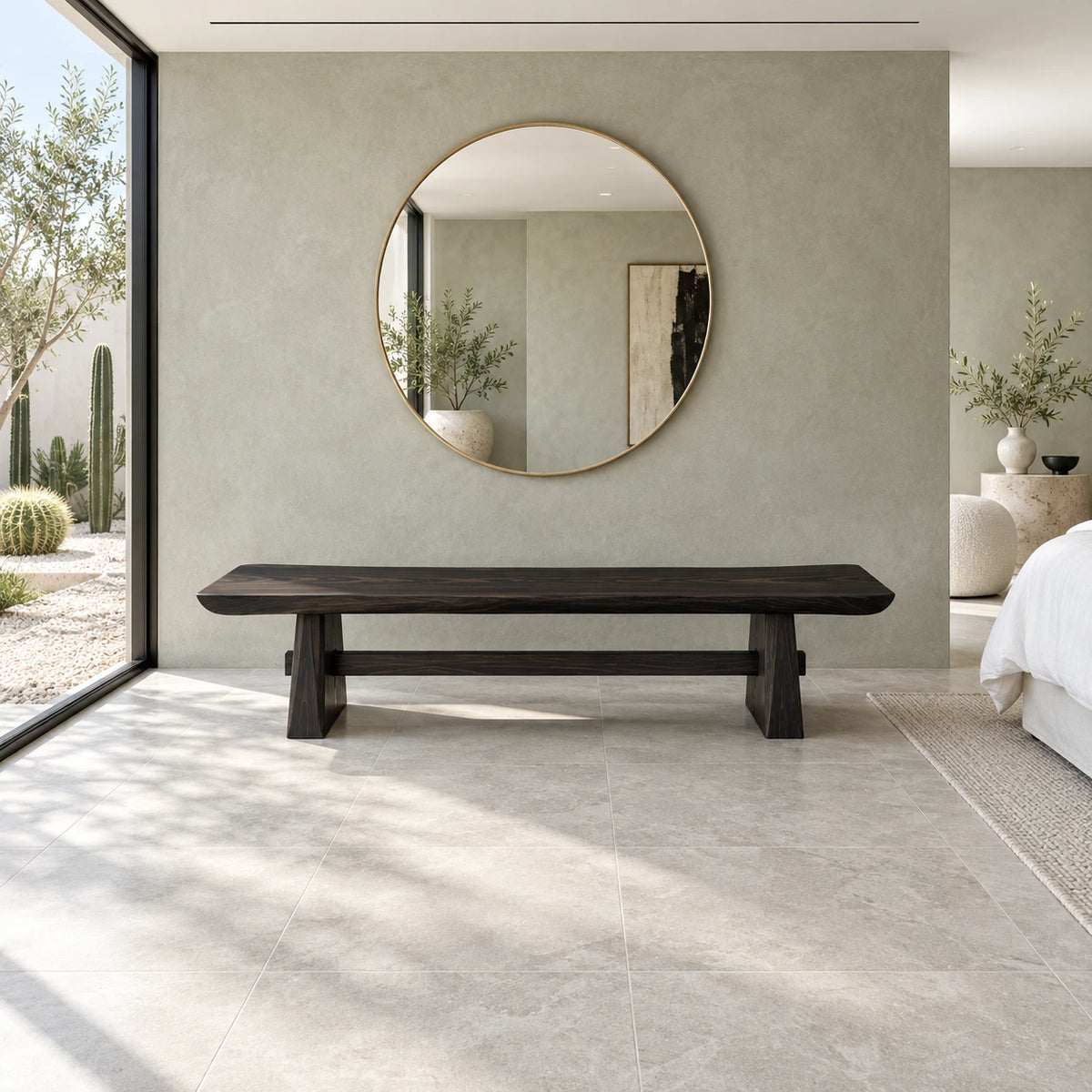 Wood Dining Bench, Live-Edge Slab on Trestle Supports with Through-Tenon Tie - Arboriswood - 10