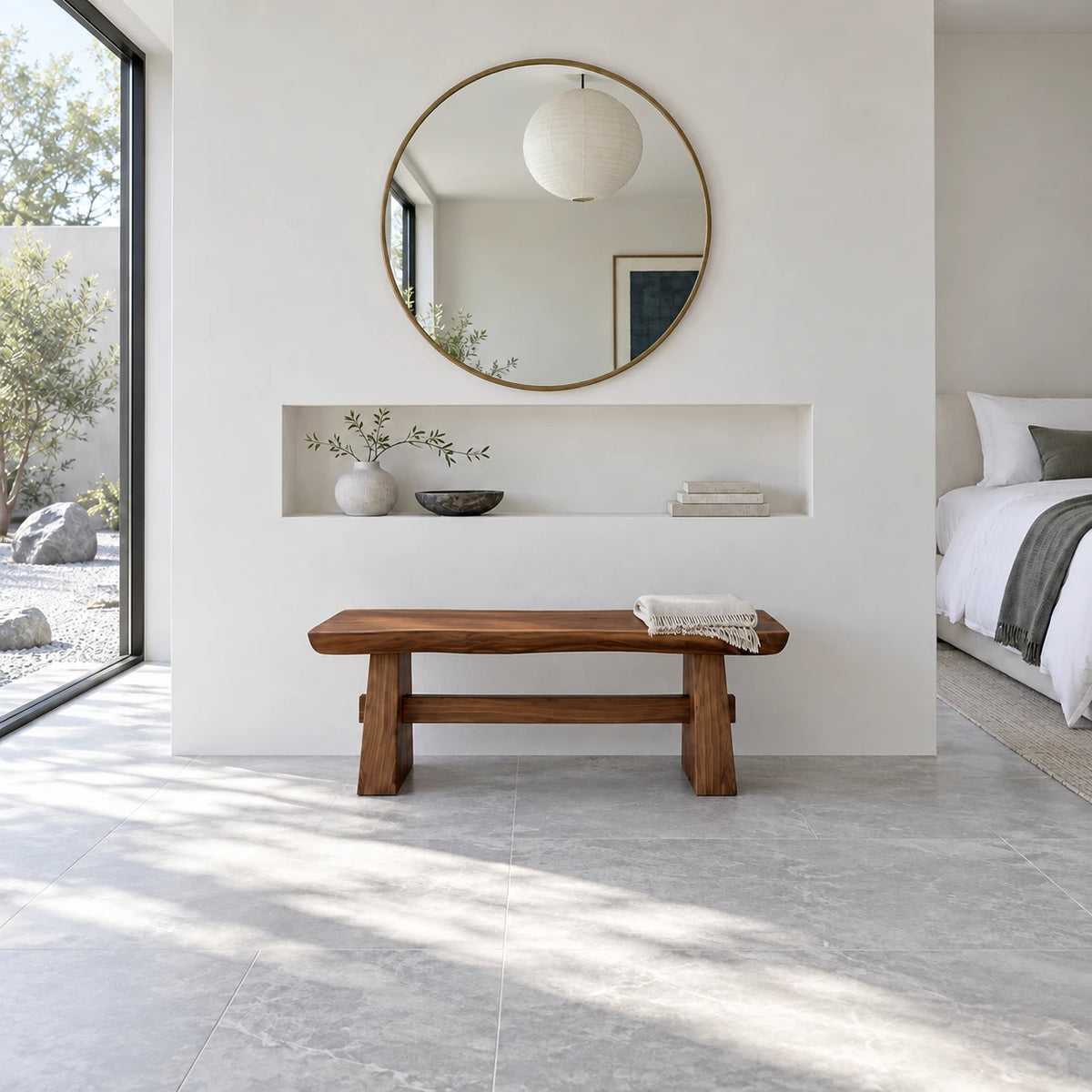 Wood Dining Bench, Live-Edge Slab on Trestle Supports with Through-Tenon Tie - Arboriswood - 11