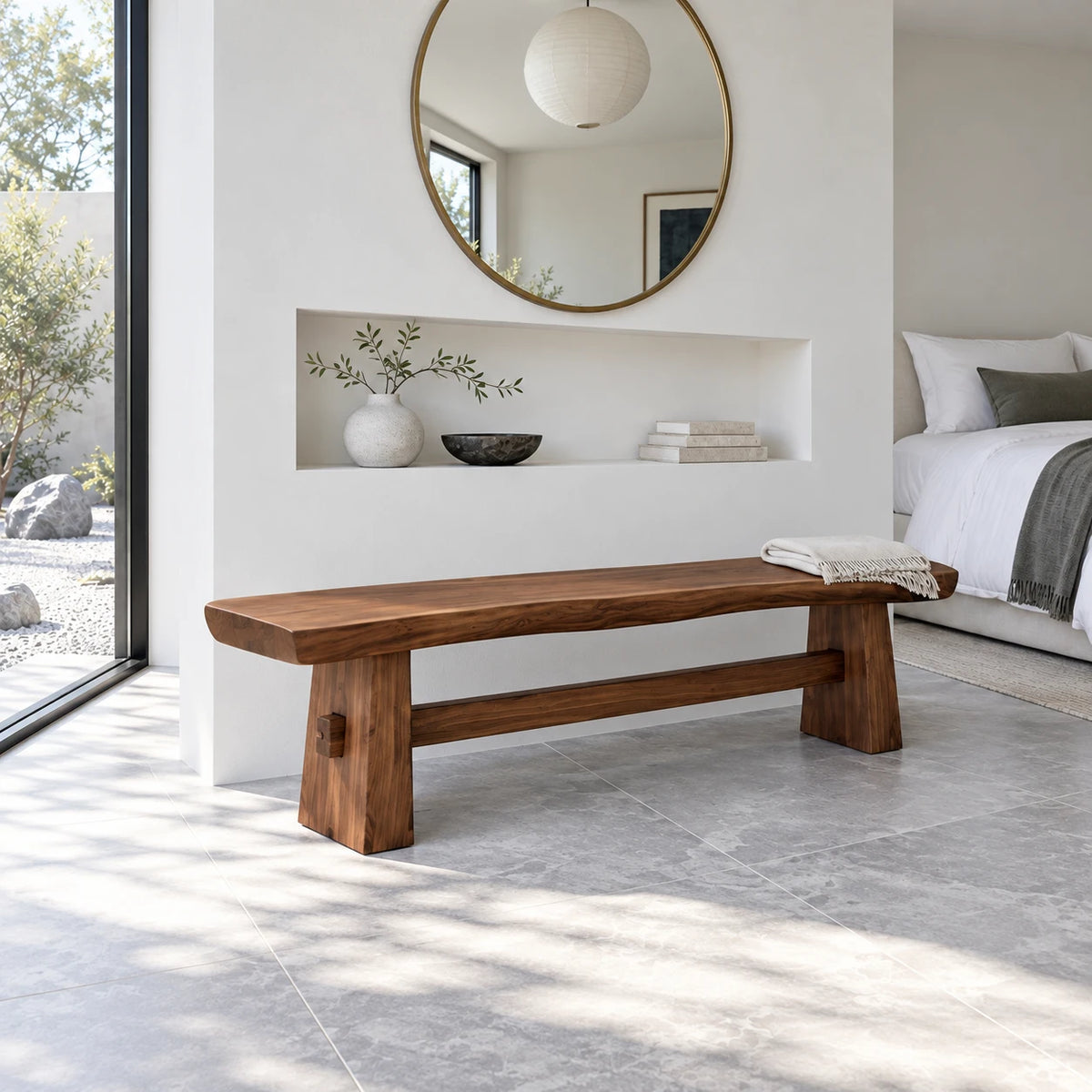 Wood Dining Bench, Live-Edge Slab on Trestle Supports with Through-Tenon Tie - Arboriswood - 2