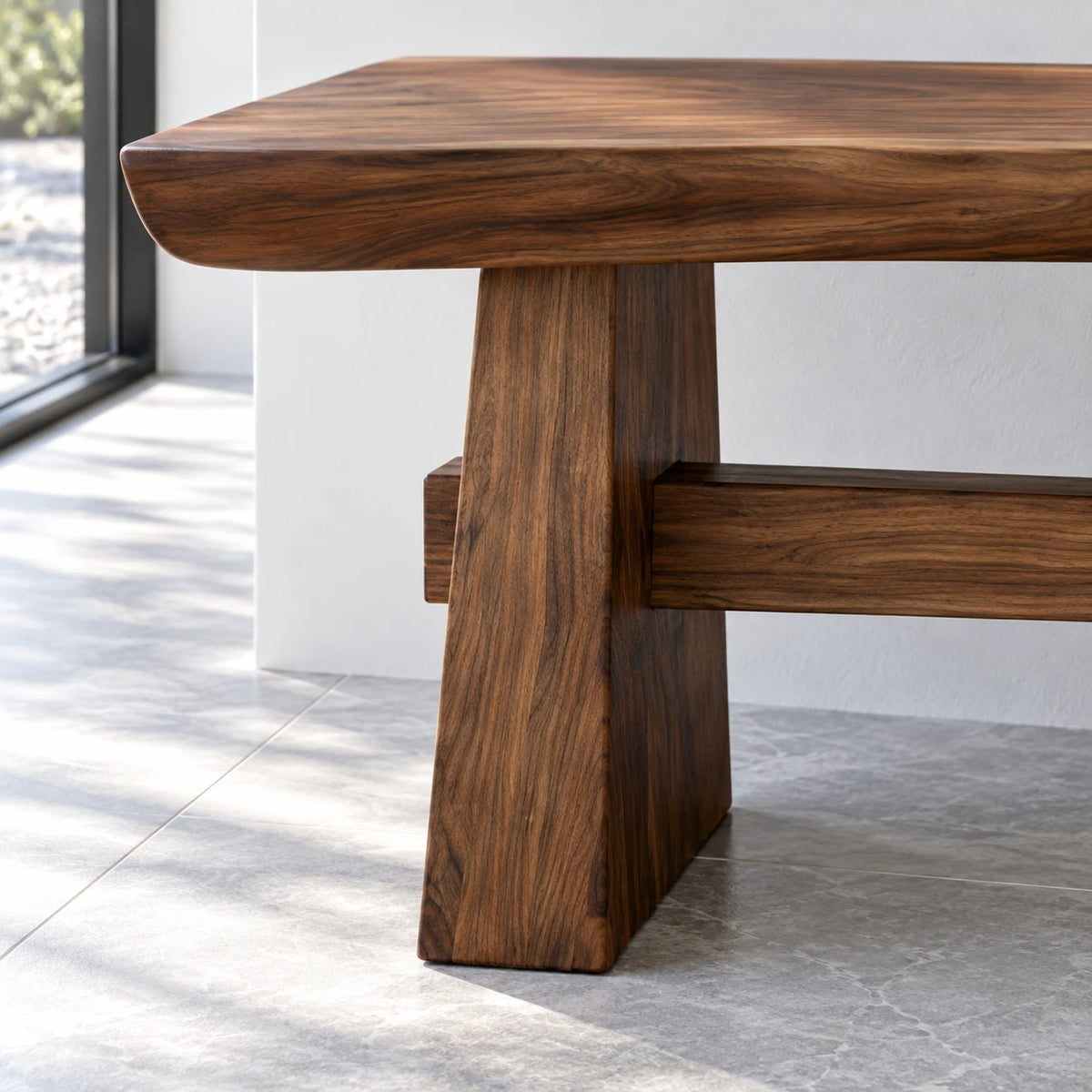 Wood Dining Bench, Live-Edge Slab on Trestle Supports with Through-Tenon Tie - Arboriswood - 4