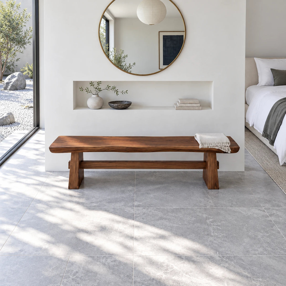 Wood Dining Bench, Live-Edge Slab on Trestle Supports with Through-Tenon Tie - Arboriswood - 5