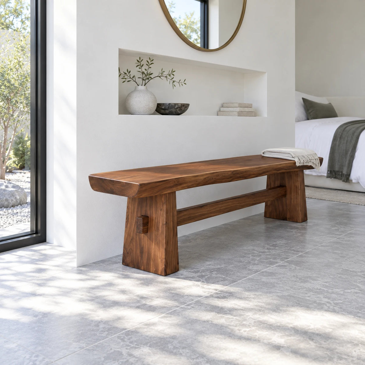 Wood Dining Bench, Live-Edge Slab on Trestle Supports with Through-Tenon Tie - Arboriswood - 6