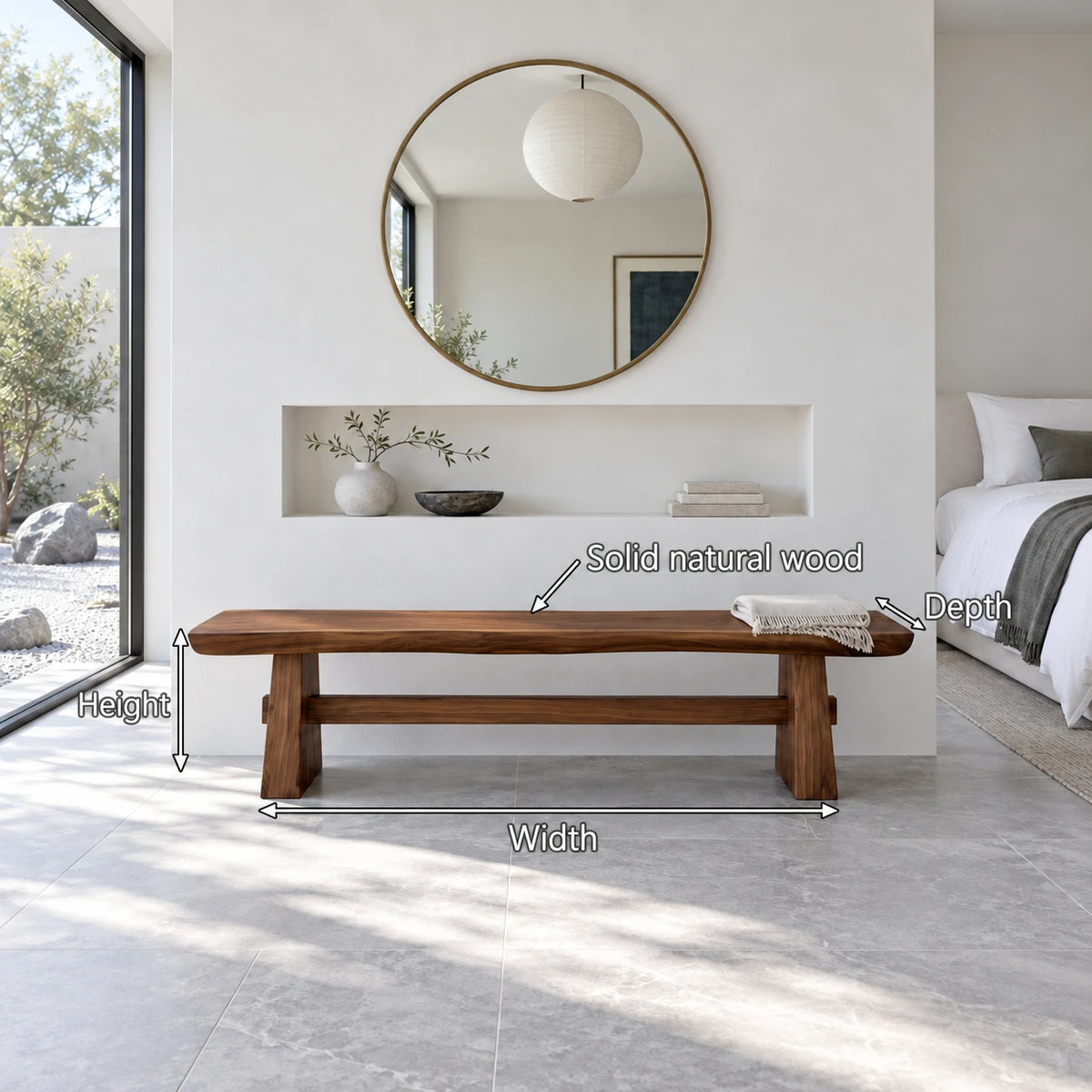Wood Dining Bench, Live-Edge Slab on Trestle Supports with Through-Tenon Tie - Arboriswood - 7