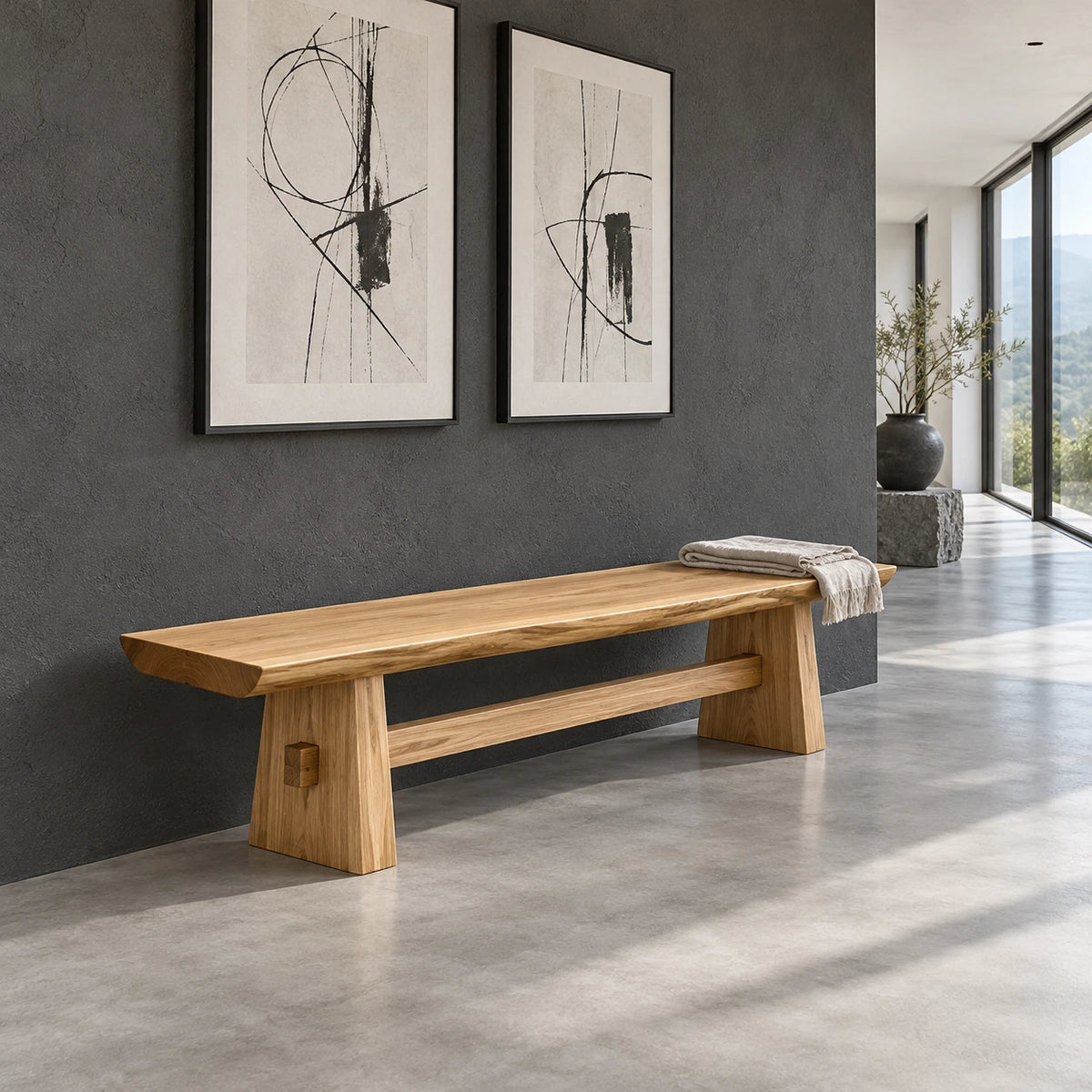 Wood Dining Bench, Live-Edge Slab on Trestle Supports with Through-Tenon Tie - Arboriswood - 8