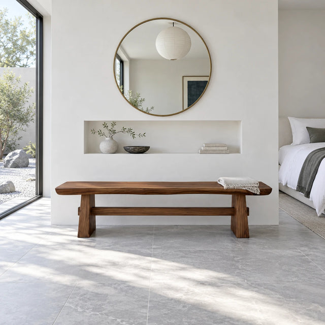 Wood Dining Bench, Live-Edge Slab on Trestle Supports with Through-Tenon Tie - Arboriswood
