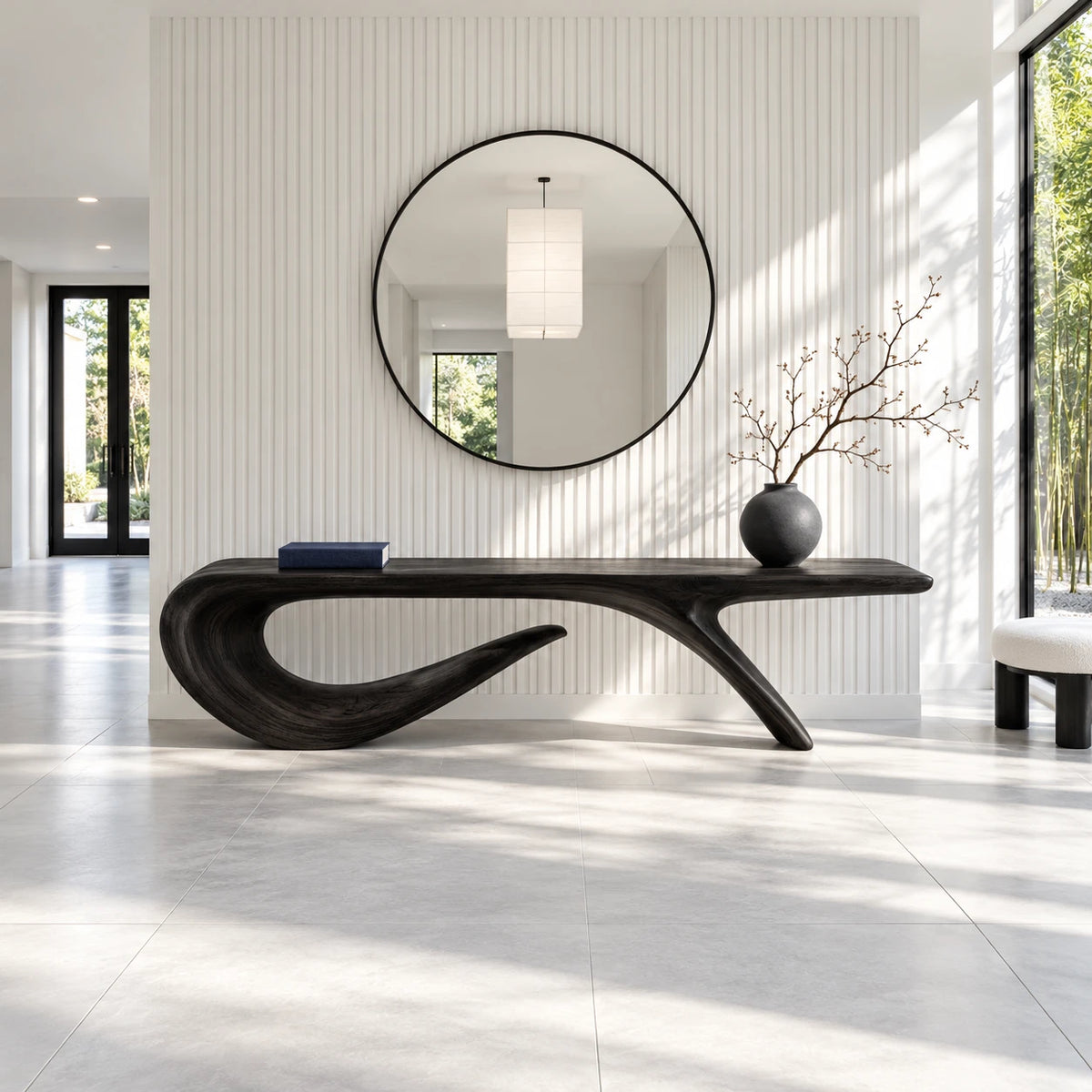 Wood Entryway Bench with Wavy Slab Top on Single Loop-and-Hook Ribbon Base - Arboriswood - 10