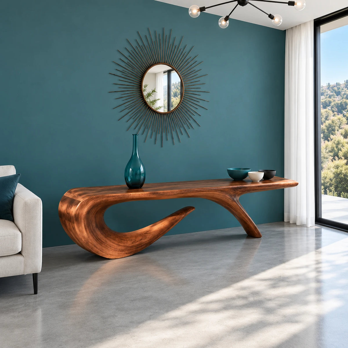 Wood Entryway Bench with Wavy Slab Top on Single Loop-and-Hook Ribbon Base - Arboriswood - 2