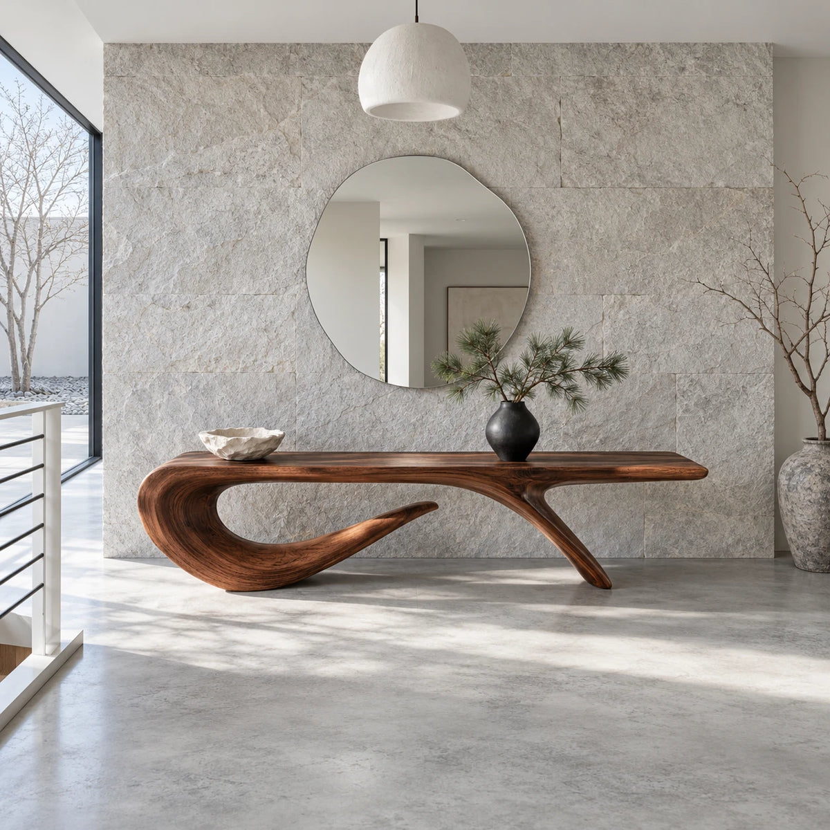 Wood Entryway Bench with Wavy Slab Top on Single Loop-and-Hook Ribbon Base - Arboriswood - 8