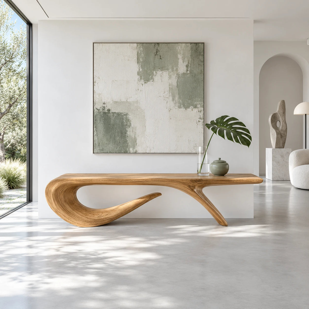 Wood Entryway Bench with Wavy Slab Top on Single Loop-and-Hook Ribbon Base - Arboriswood - 9