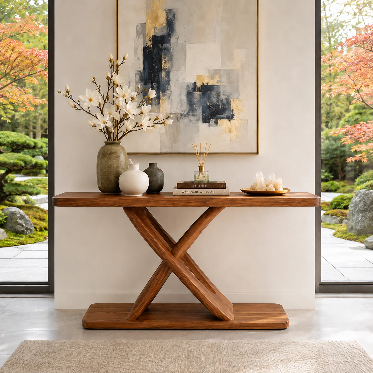 Minimalist console table with clean edges and an architectural crossed base indoors