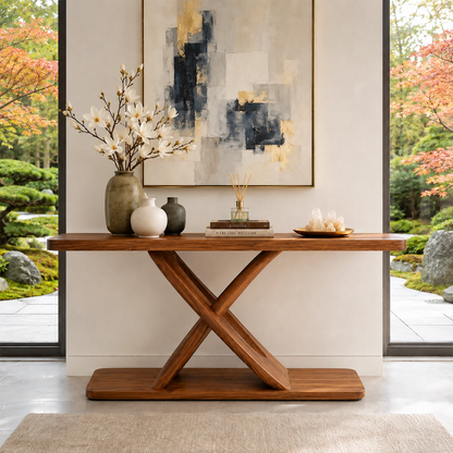 Luxury entry table with sculptural structure and warm finish for styled interiors