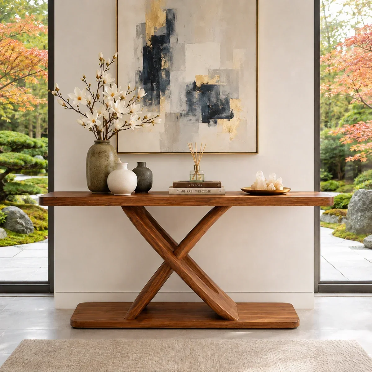 Luxury entry table with sculptural structure and warm finish for styled interiors