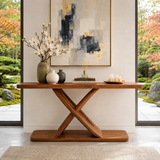 Luxury entry table with sculptural structure and warm finish for styled interiors
