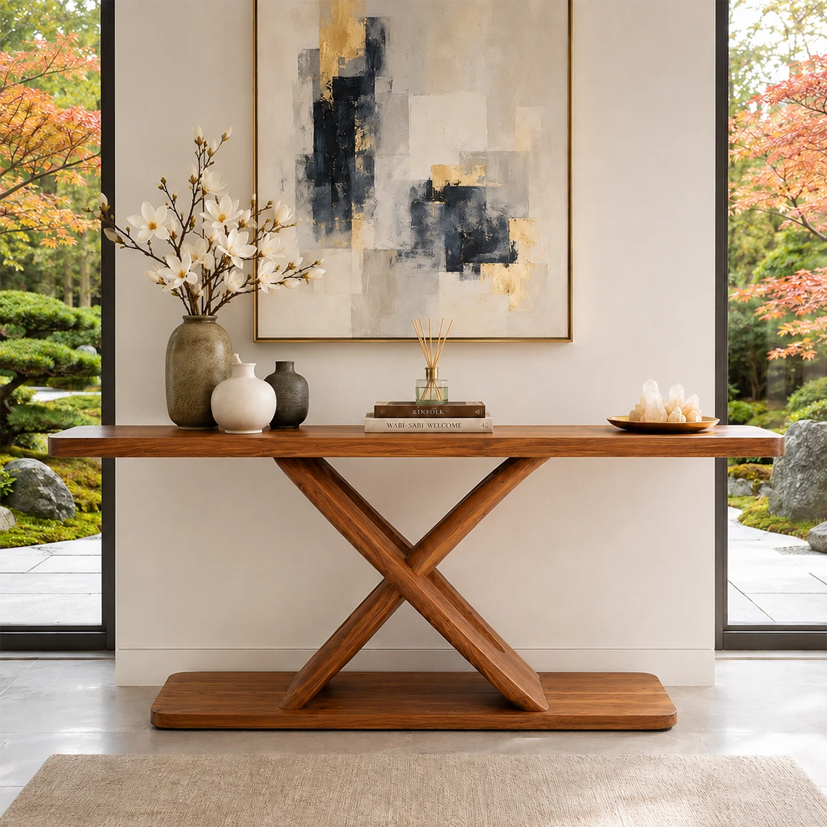 Wood tone console table with a striking X base and polished decor display surface