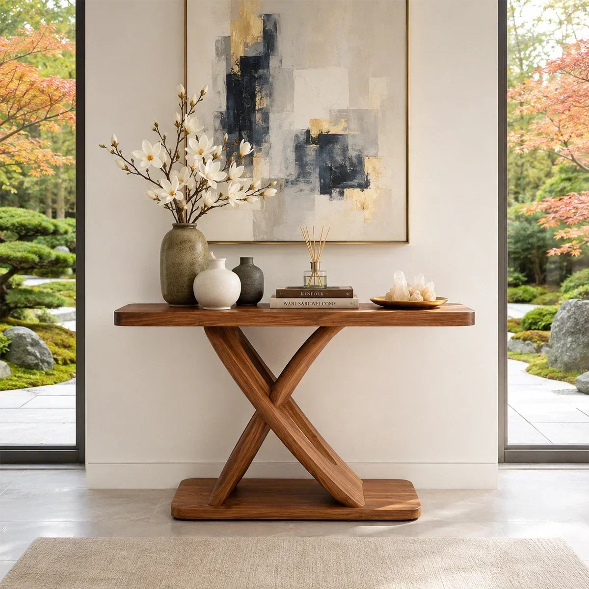 Sculptural console table with crossed pedestal base in a bright modern entryway setting