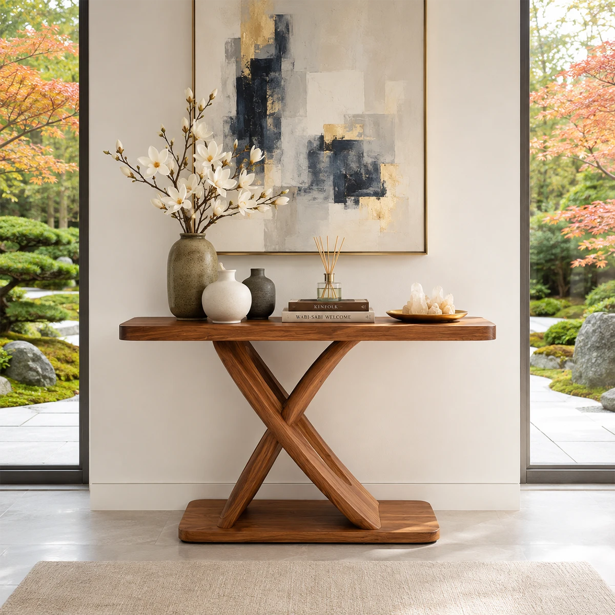 Sculptural console table with crossed pedestal base in a bright modern entryway setting
