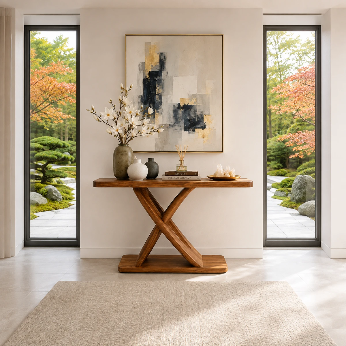 Organic modern console table styled with decor in a calm sunlit interior space setting