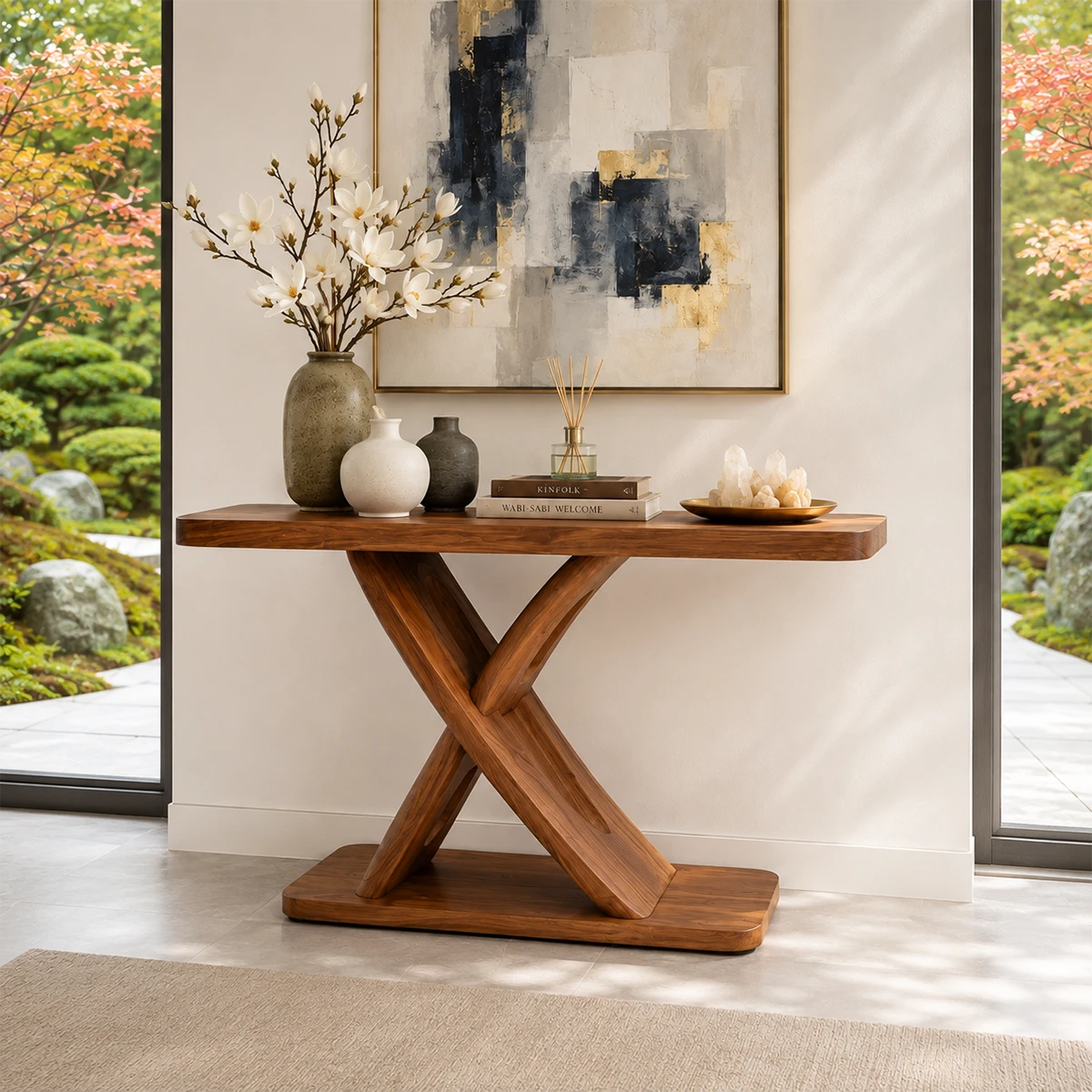 Entryway console table featuring an X shaped base and a sleek top display surface