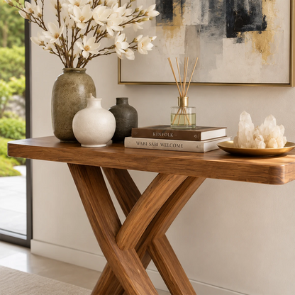 Designer hallway table with intersecting supports and warm wood tone character indoors