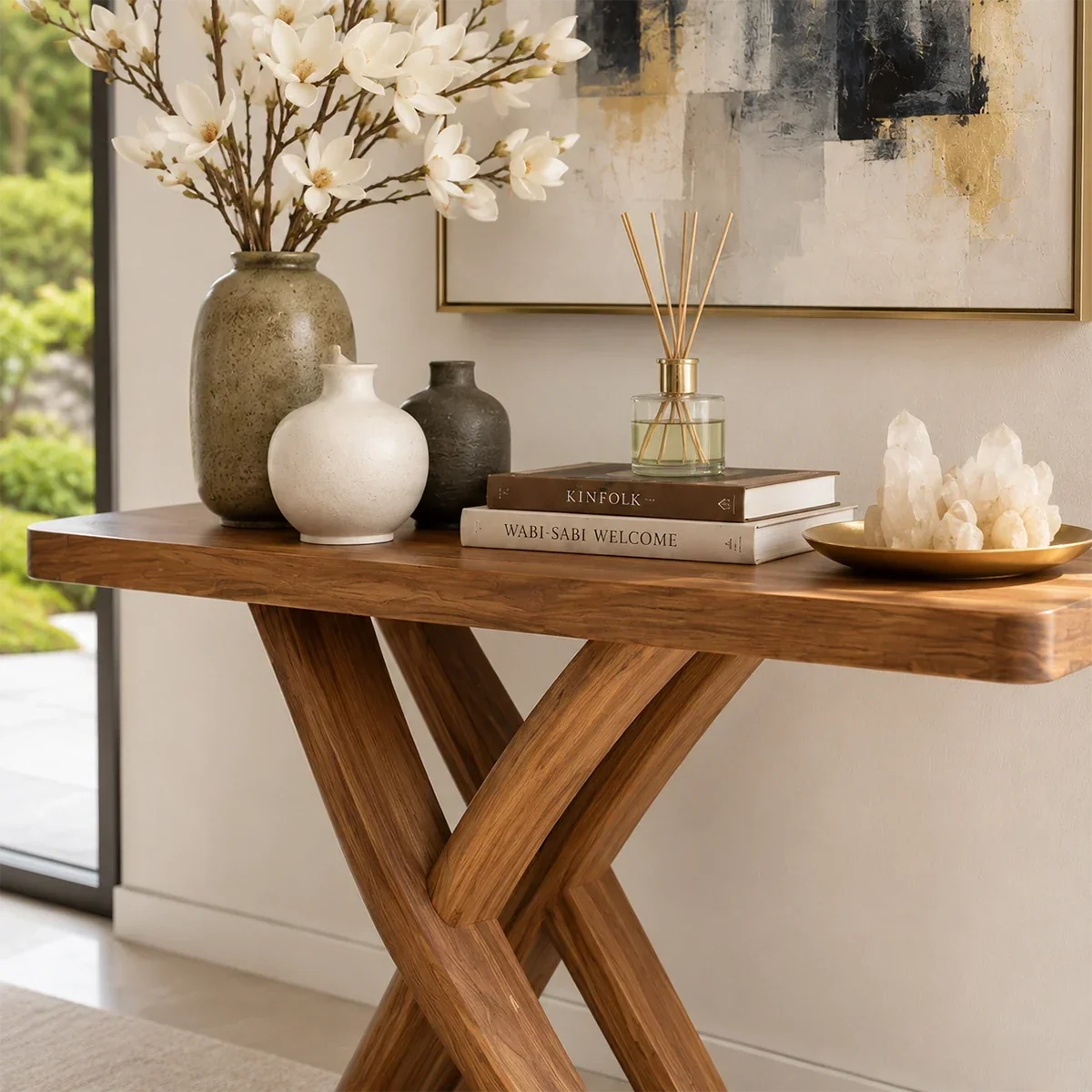 Designer hallway table with intersecting supports and warm wood tone character indoors