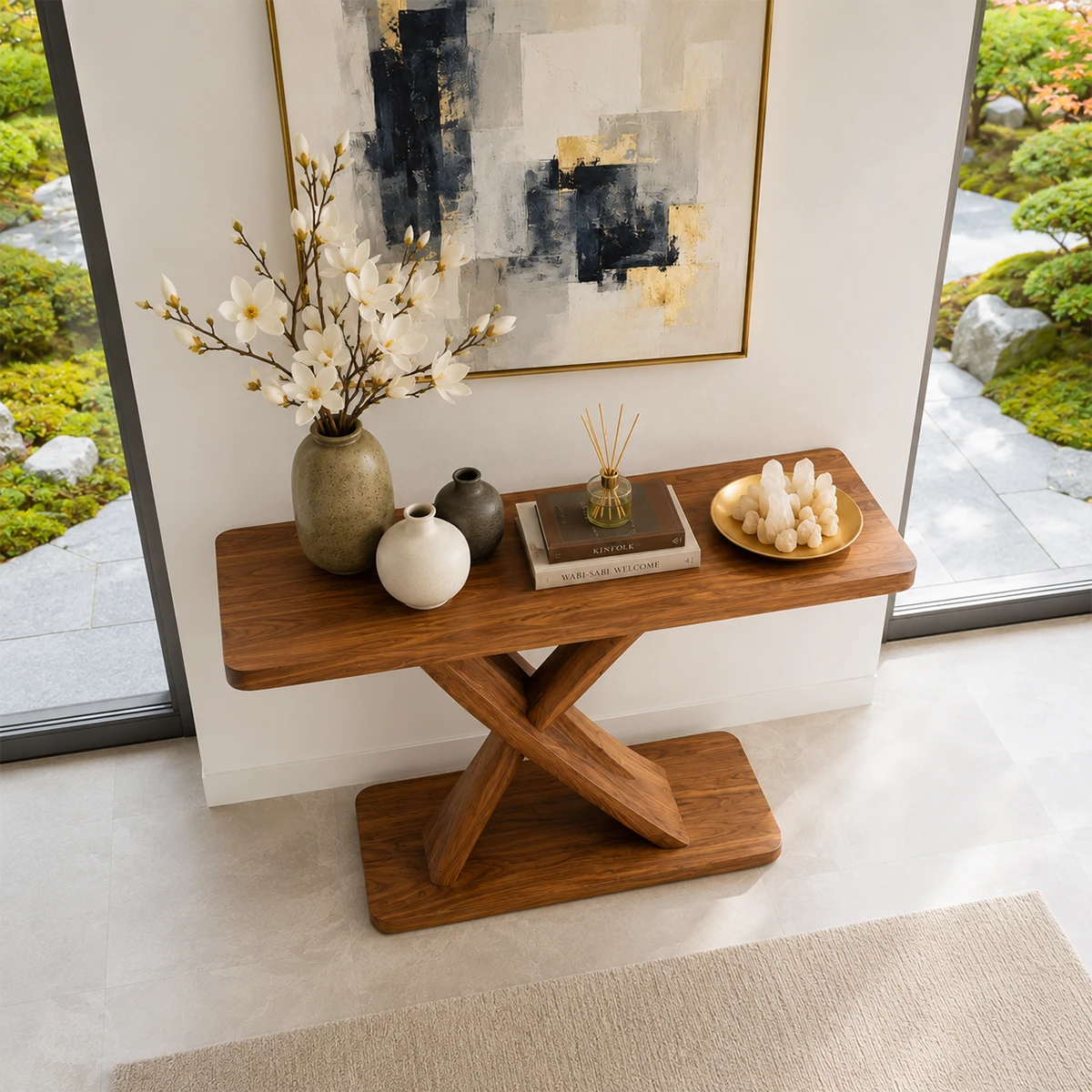 Narrow console table with geometric base detail for refined foyer decor styling indoors