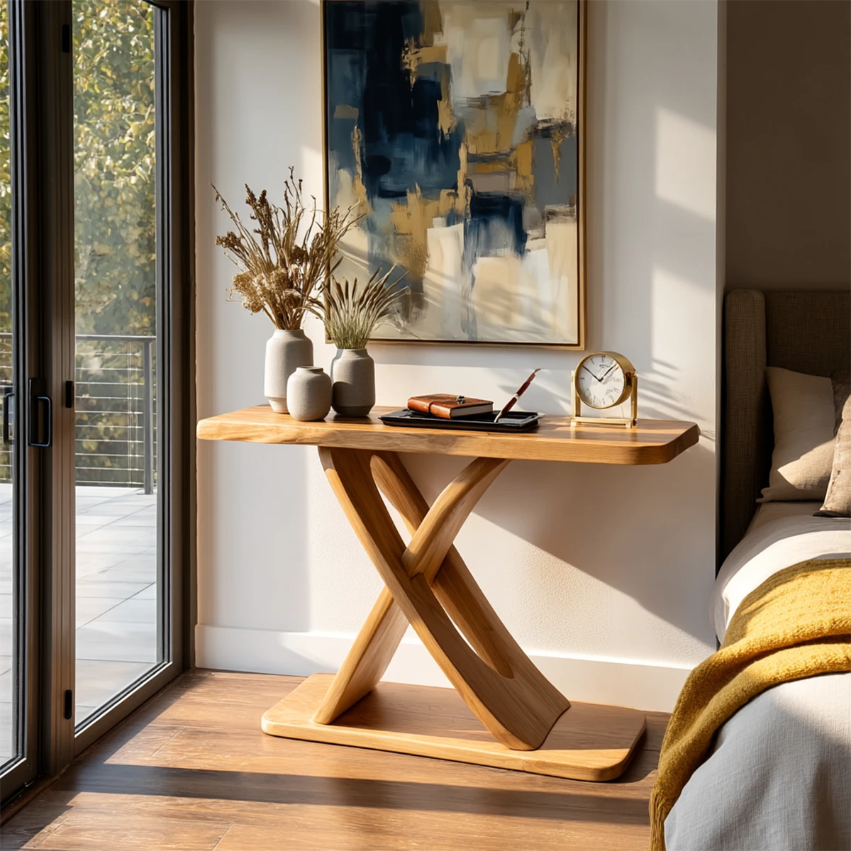 Modern accent console with sculptural lines and styled top decor near large windows