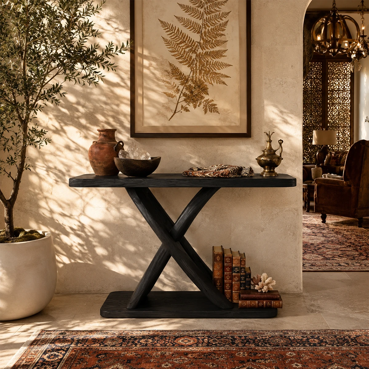 Contemporary console table displayed before garden views in an elegant home interior