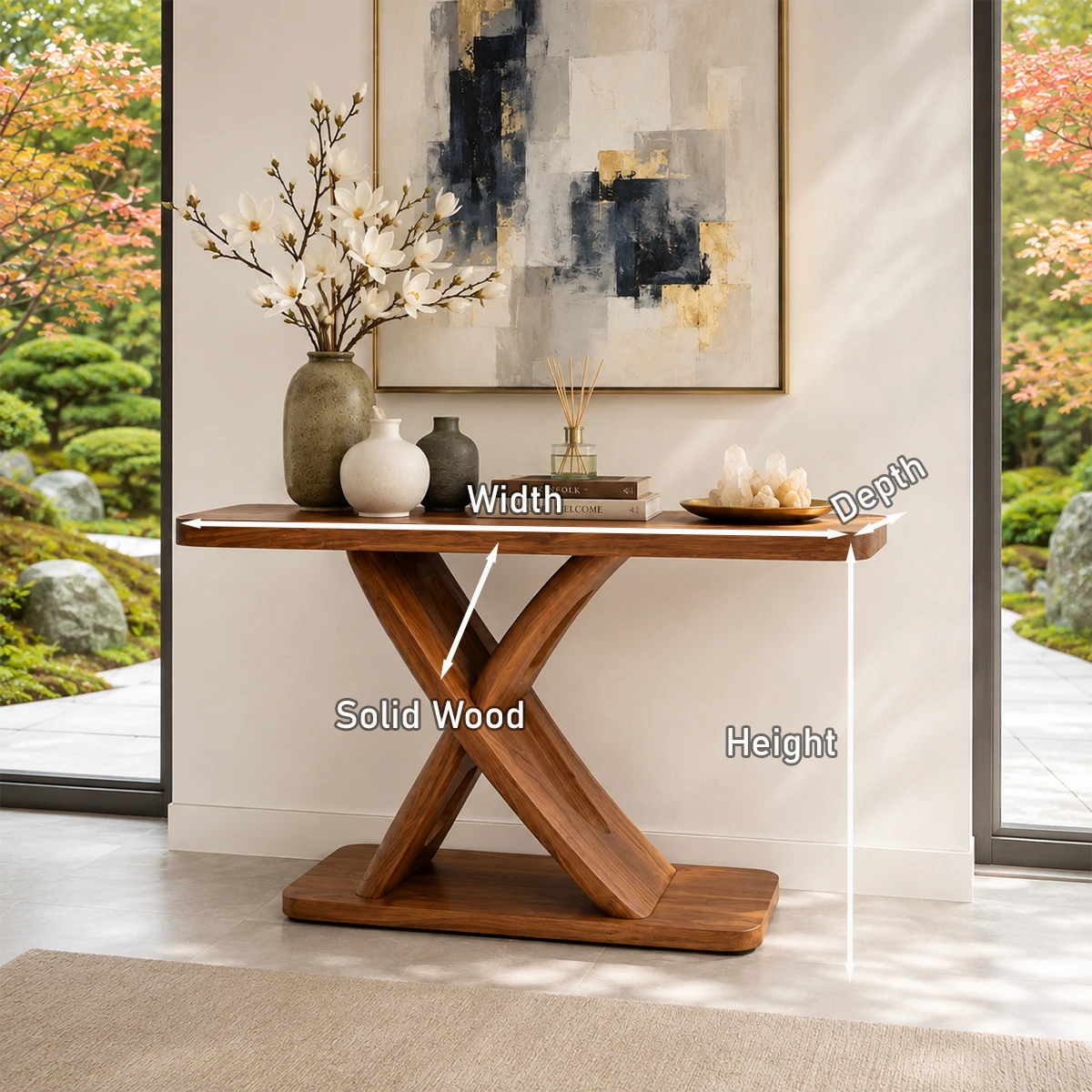 Statement foyer table with angular crossed supports and a broad tabletop display